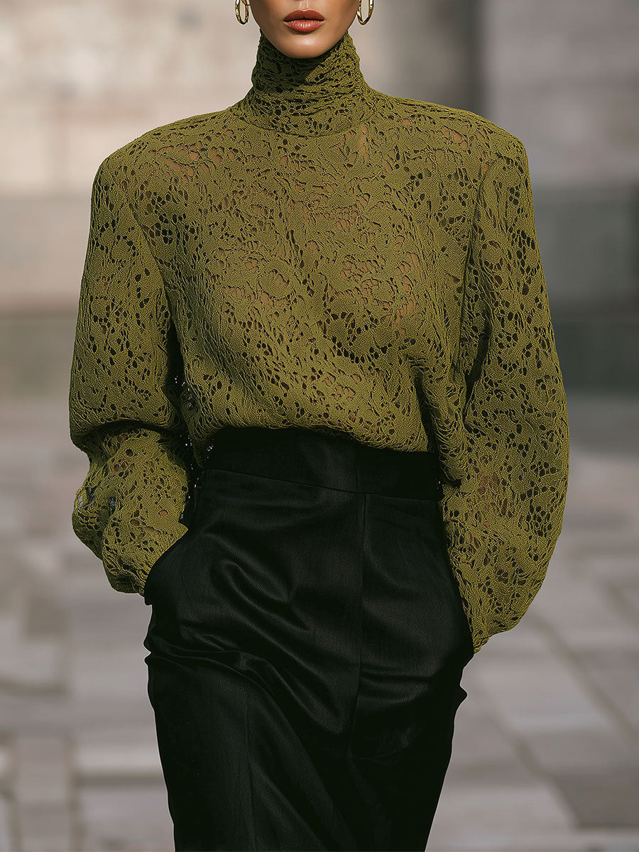Old Money Style High Collar Lace Shoulder Pads Blouse