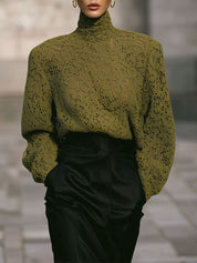 Old Money Style High Collar Lace Shoulder Pads Blouse