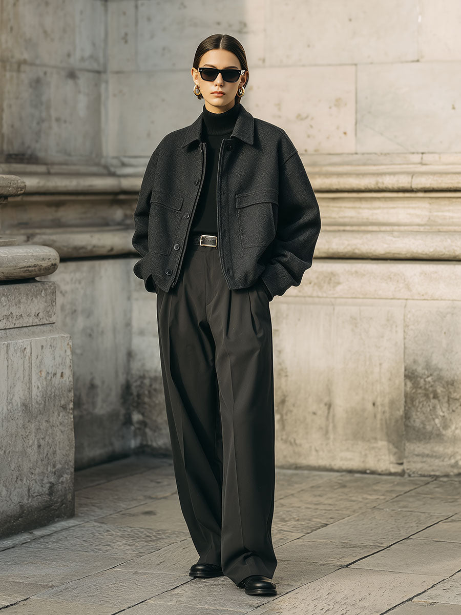 90s Minimalist Woolen Short Shoulder Jacket With Turned Pockets