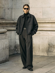 90s Minimalist Woolen Short Shoulder Jacket With Turned Pockets