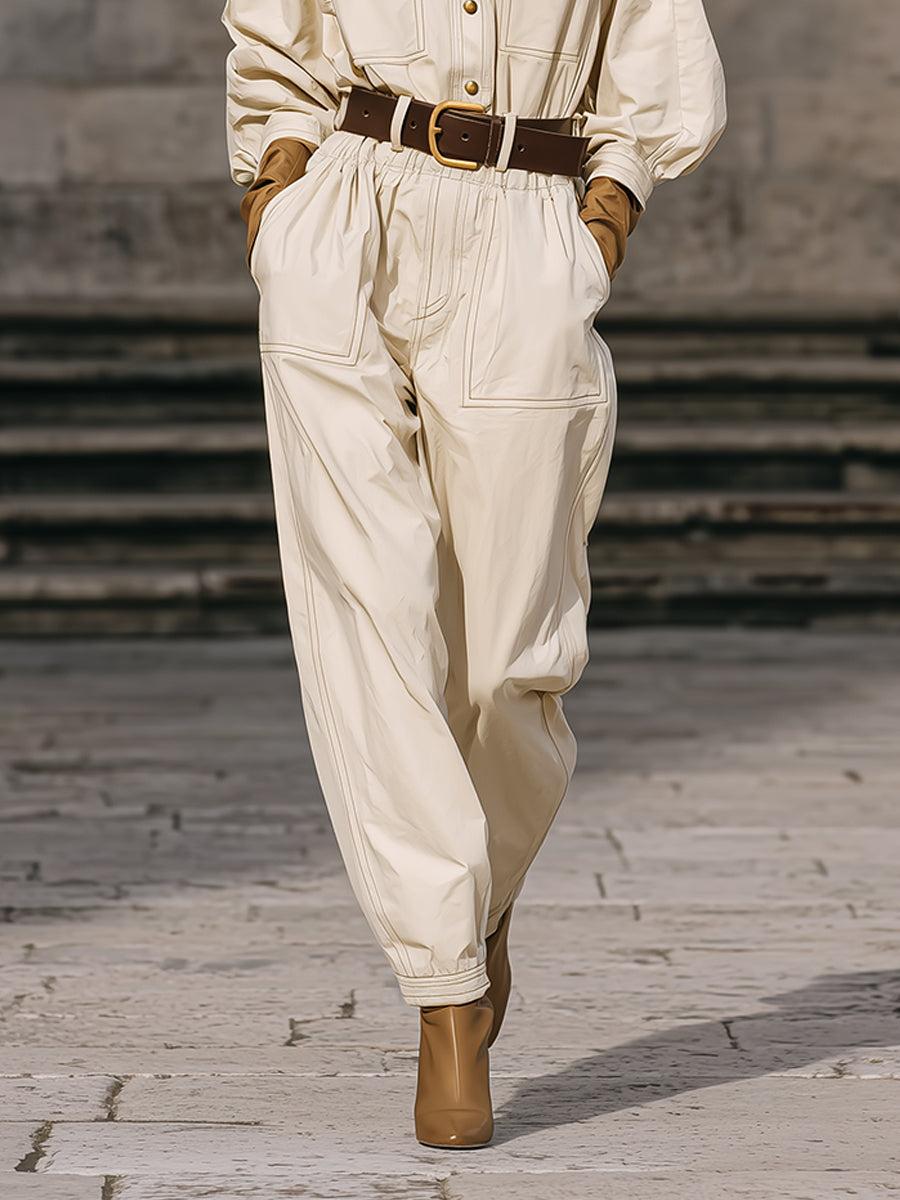 Minimalist Line Decorated Lantern Sleeve Blouse & Loose Carrot Pants Set