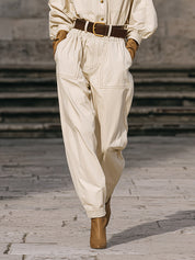Minimalist Line Decorated Lantern Sleeve Blouse & Loose Carrot Pants Set