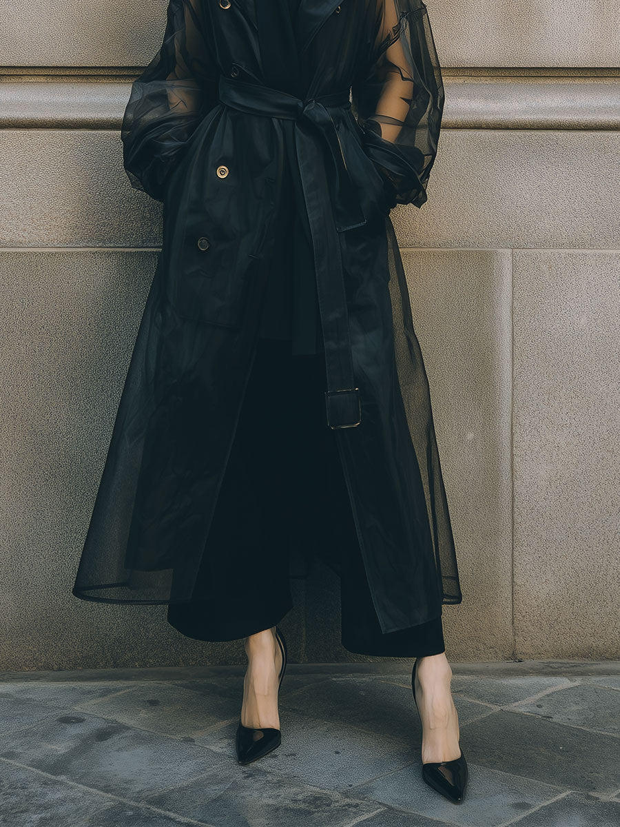 Commuting Organza Spliced mid-length Windbreaker With Belt