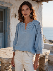 Delicate Sky Blue Lace Trim Blouse