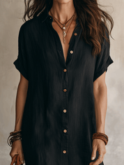 Modern Boho Effortless Black Linen Relaxed Midi Dress