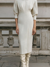 Old Money Plaid Shoulder Pads And Spliced neckline Midi Dress