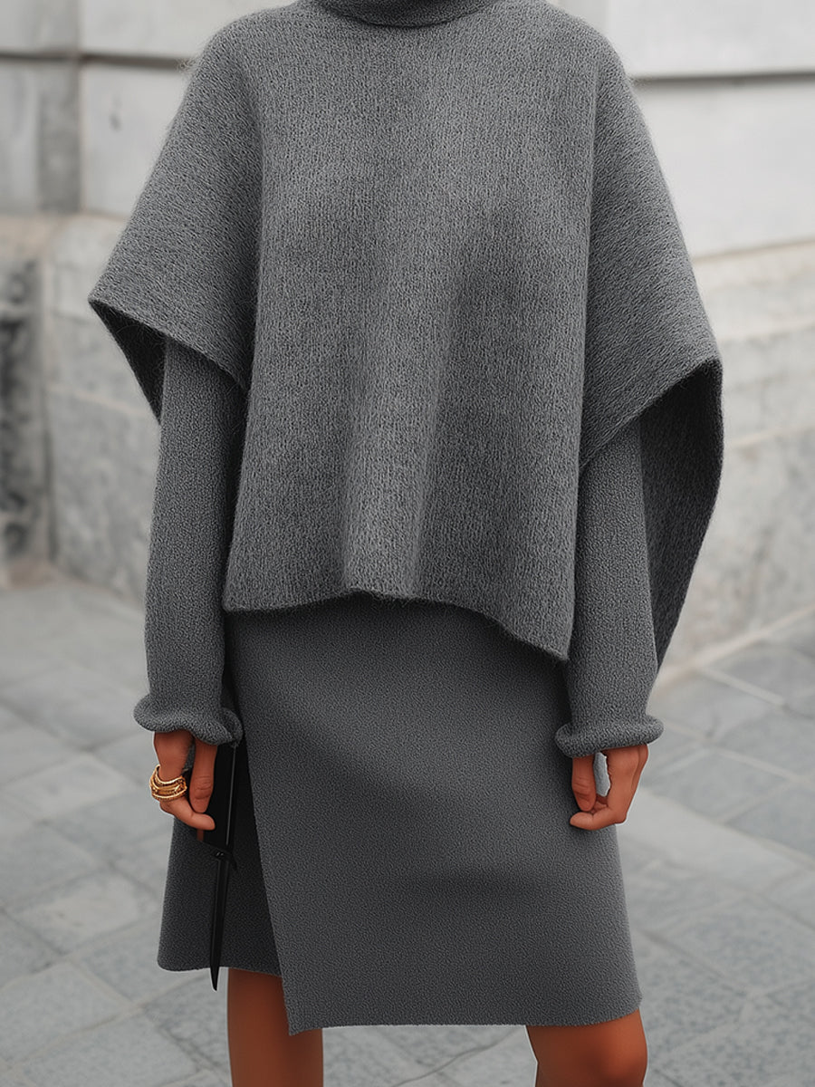 Stylish Turtleneck Cape Sweater & Earring Cuffs And Hem Slit Mini Dress Set