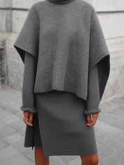 Stylish Turtleneck Cape Sweater & Earring Cuffs And Hem Slit Mini Dress Set
