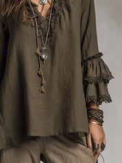 Ruffled Lace Cotton Linen Long-sleeved Blouse