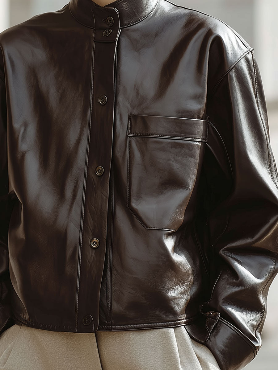 Minimalist Small Stand Collar Environmentally Friendly Leather Patch Pocket Jacket
