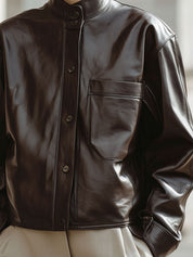 Minimalist Small Stand Collar Environmentally Friendly Leather Patch Pocket Jacket