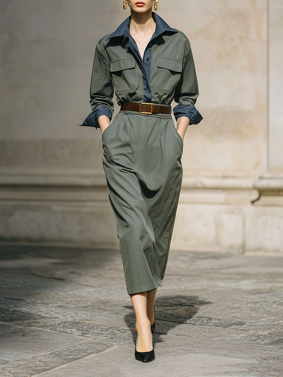 Commuting Contrast Color Cotton Shirt & Diagonal Pocket Pencil Midi Skirt Set