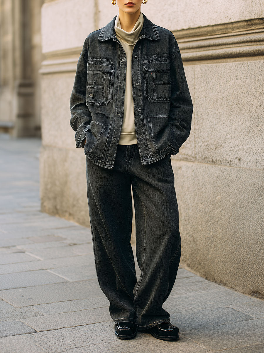 Deconstructed Commuting Washed Denim Jacket & Straight Pants Set