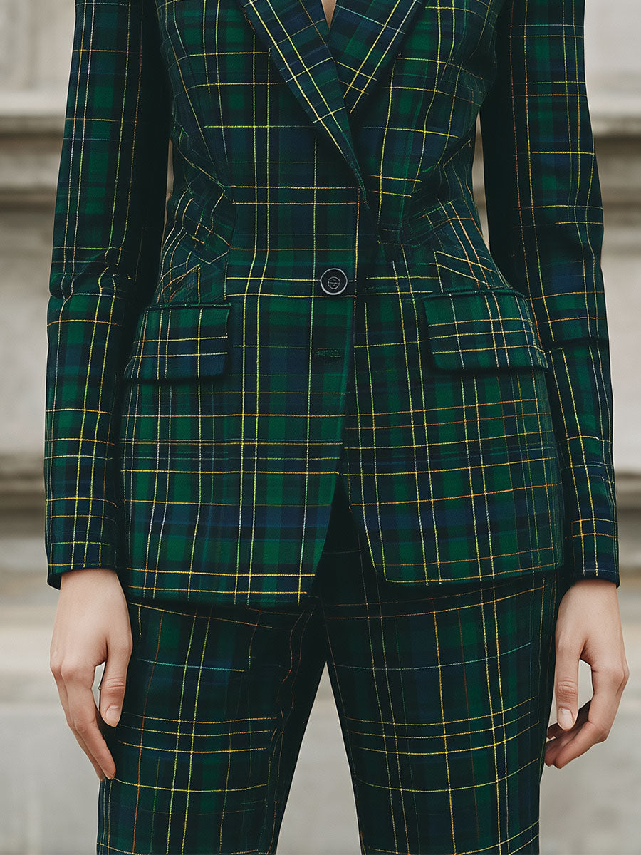Deconstructed Plaid Lapel Waisted Woolen Blazer