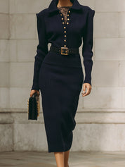 Old Money Knitted Soft Shoulder Padded Lapel Midi Dress