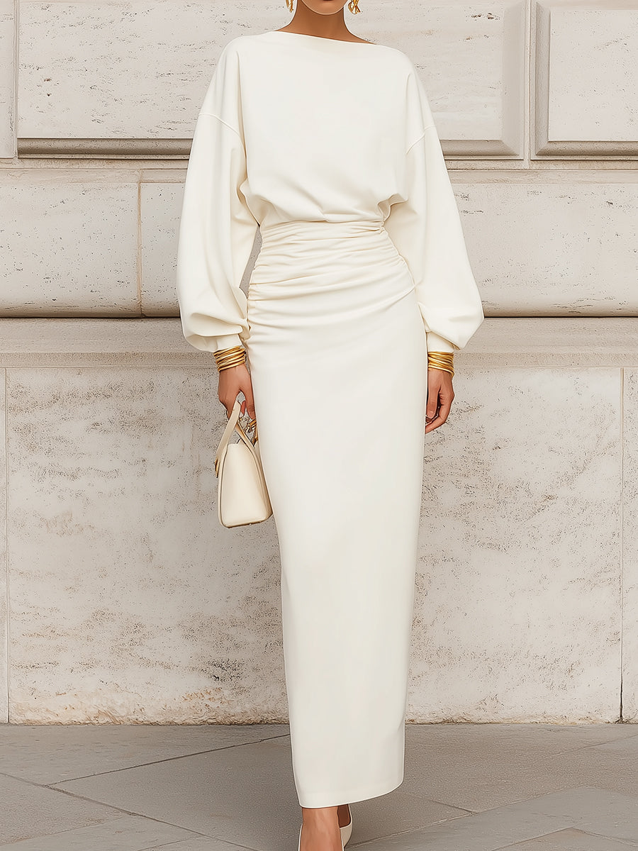 Minimalist Dolman Sleeves With Pleated Waist And Slit Pencil Maxi Dress