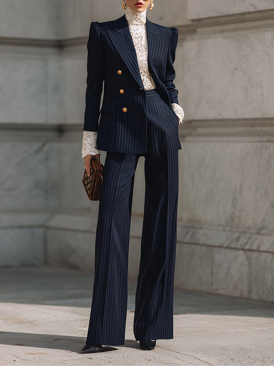 Classic Striped Puff Sleeves Double-breasted Blazer & Straight Pants Set