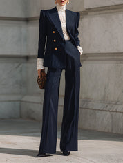 Classic Striped Puff Sleeves Double-breasted Blazer & Straight Pants Set