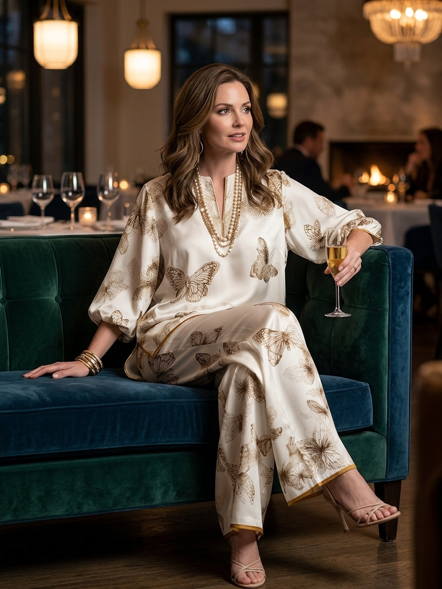 Quiet Luxury Silky Butterfly-Print Drop-Shoulder Tunic & Palazzo Cream Co-Ord Set