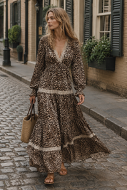 Leopard Print Lace Trim Deep V-Neck Long Sleeve Boho Maxi Dress