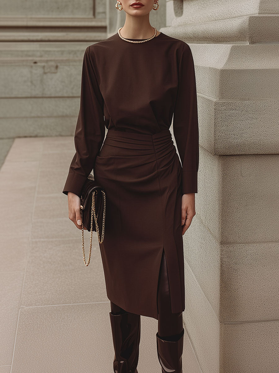 Deconstructed Pleated Waist Midi Dress With Front Slit