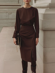 Deconstructed Pleated Waist Midi Dress With Front Slit