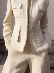 Minimalist Tweed Raw-trimmed Flap Pocket Cinched-waist Jacket