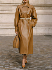Minimalist Structure Eco-friendly Leather Mid-length Coat With Belt