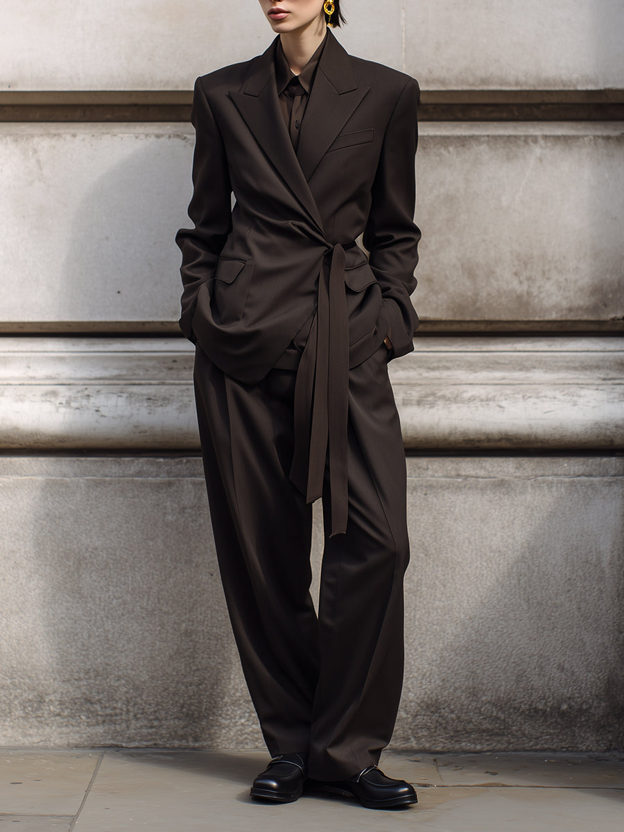 Minimalist Knot Decoration Wool Blend Blazer & Straight Pants Set
