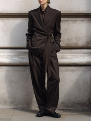 Minimalist Knot Decoration Wool Blend Blazer & Straight Pants Set
