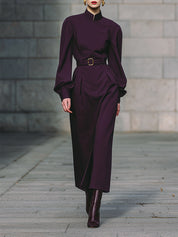 Commuting Stand Collar Lantern Sleeve Waist Pinch Pleated Straight Midi Dress