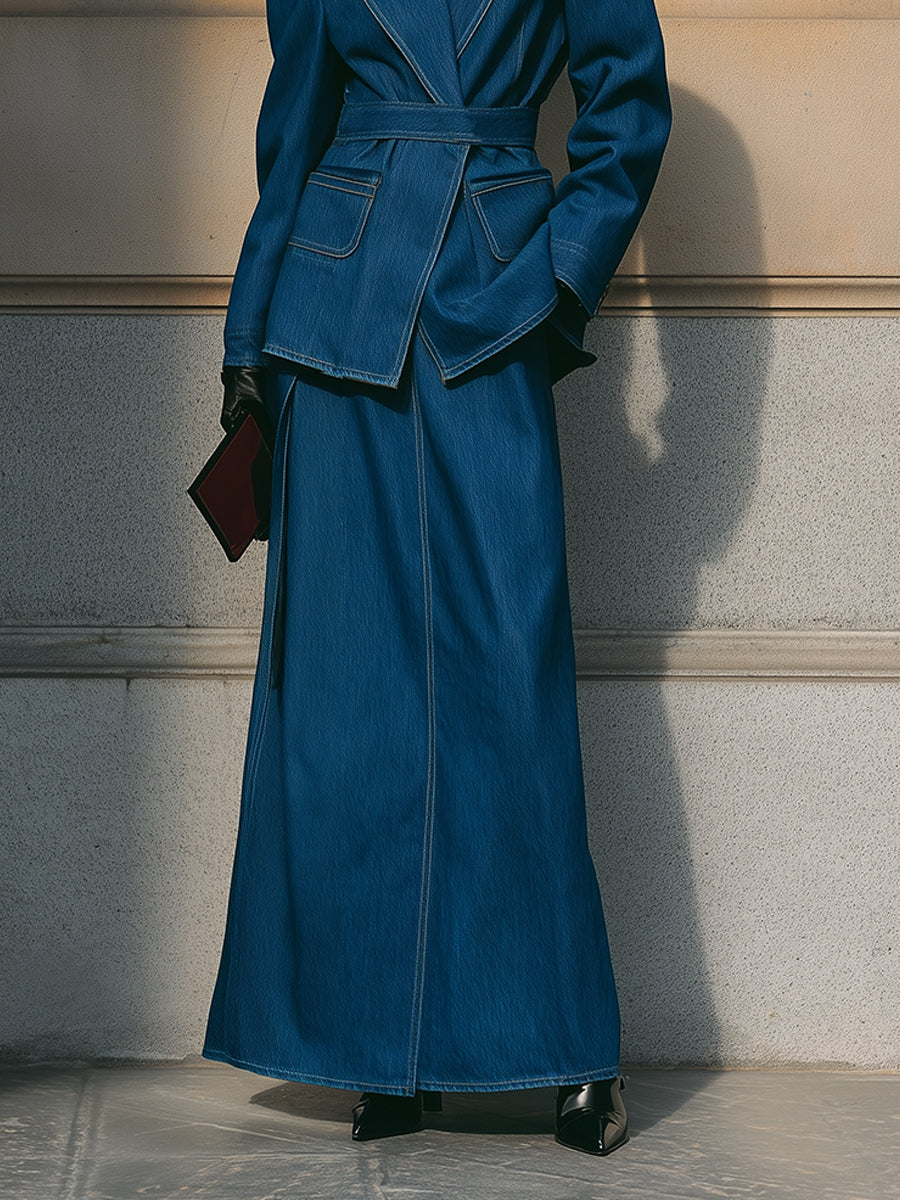 Classic Power Dressing Suit Washed Belted Denim Blazer & A-line Skirt Set