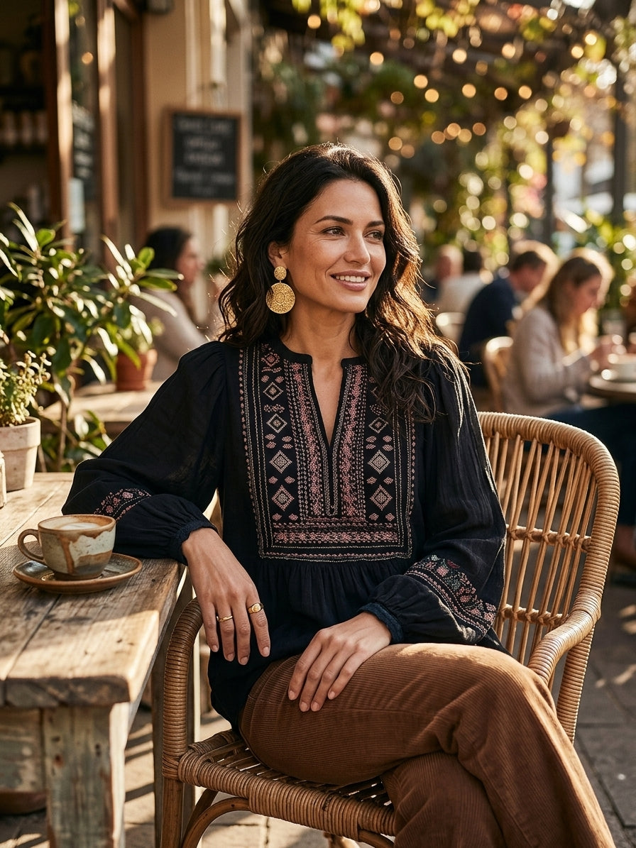 Women's Boho Embroidered Zip-Up Peplum Long Balloon Sleeves Blouse