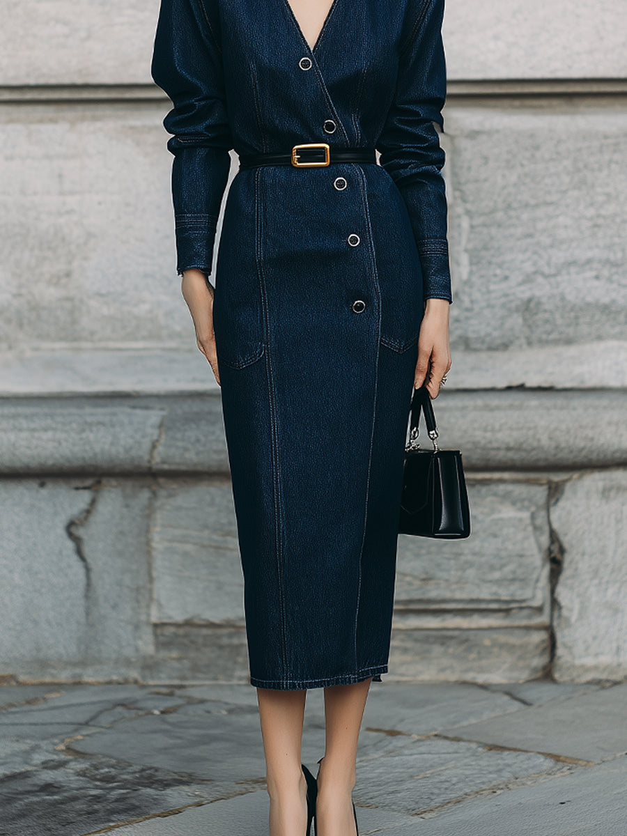 Deconstructed Diagonal Placket Washed Denim Shoulder Pad Midi Dress