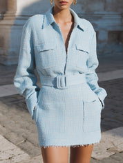 Parisian Retro Minimal Feminine Utility Tailored Straight Powder Tweed Shirt Dress