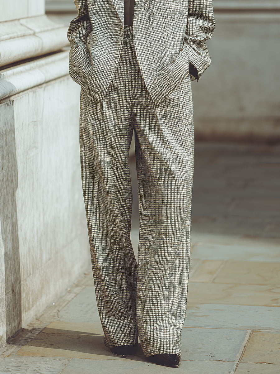 Minimalist Fine Plaid Shoulder Padded Woolen Blazer & Straight Pants Set
