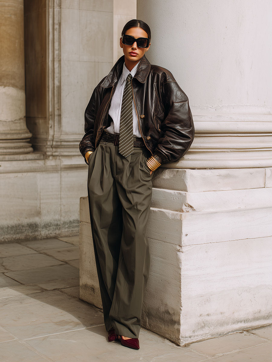 Commuting Eco-friendly Leather Off-shoulder Oversized Bomber Jacket
