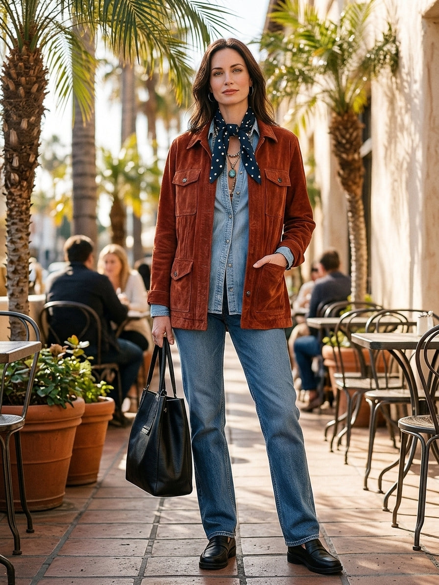 Women's Suede Shirt Button Front And Chest Pockets Jacket