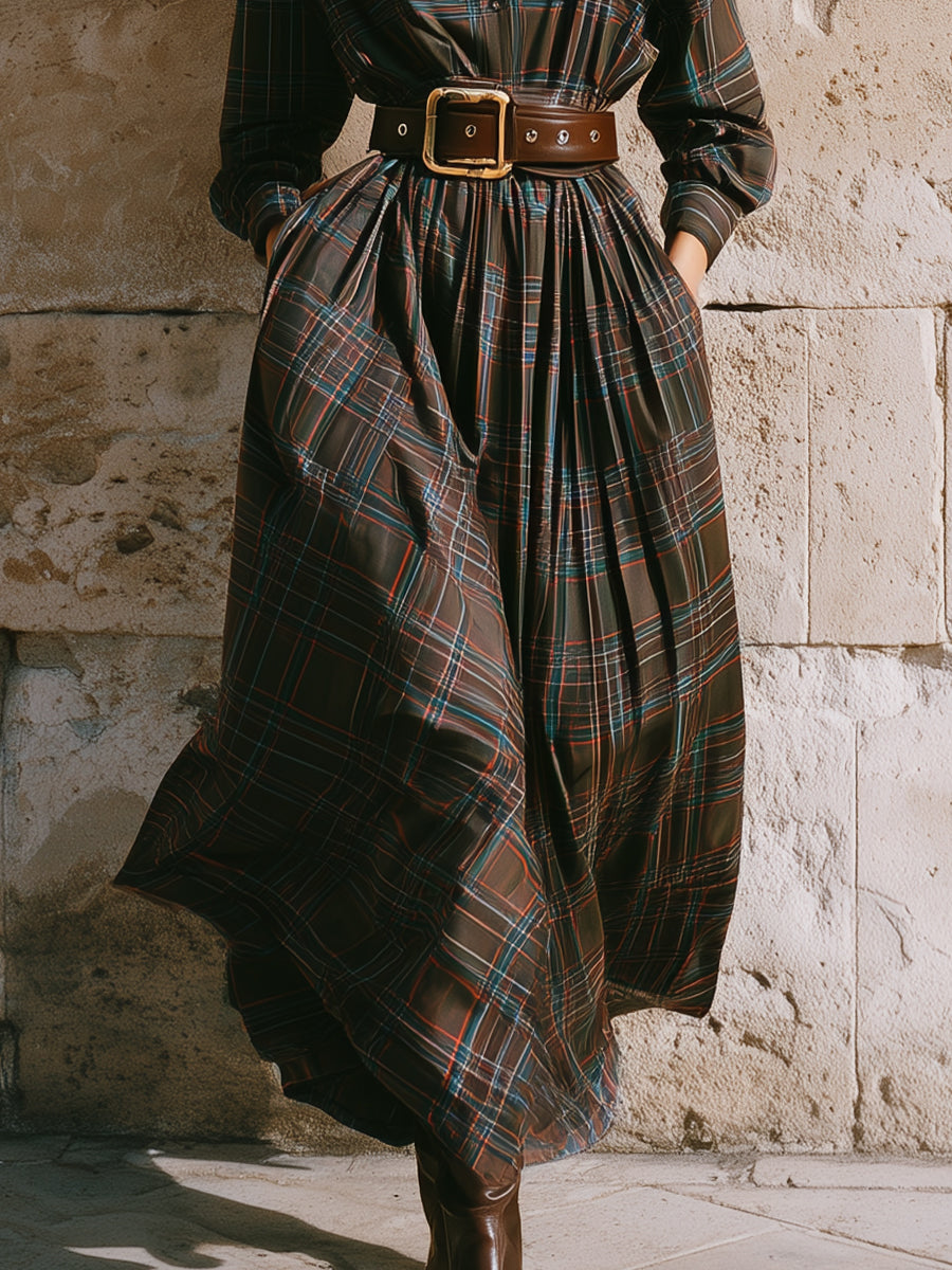 Stylish Retro Plaid Printed Cotton Waist Pleated Maxi Dress With Belt