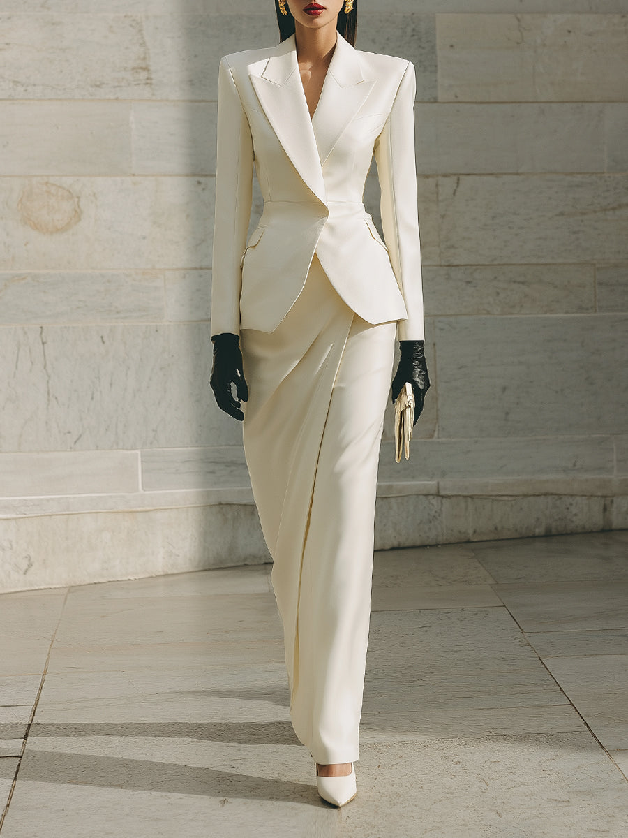 90s Minimalism Revival Matte Satin Waist Blazer & Pencil Long Skirt Set