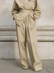 Unisex Patch Pocket Blouse & Two-piece Pleated Straight-leg Pants Set