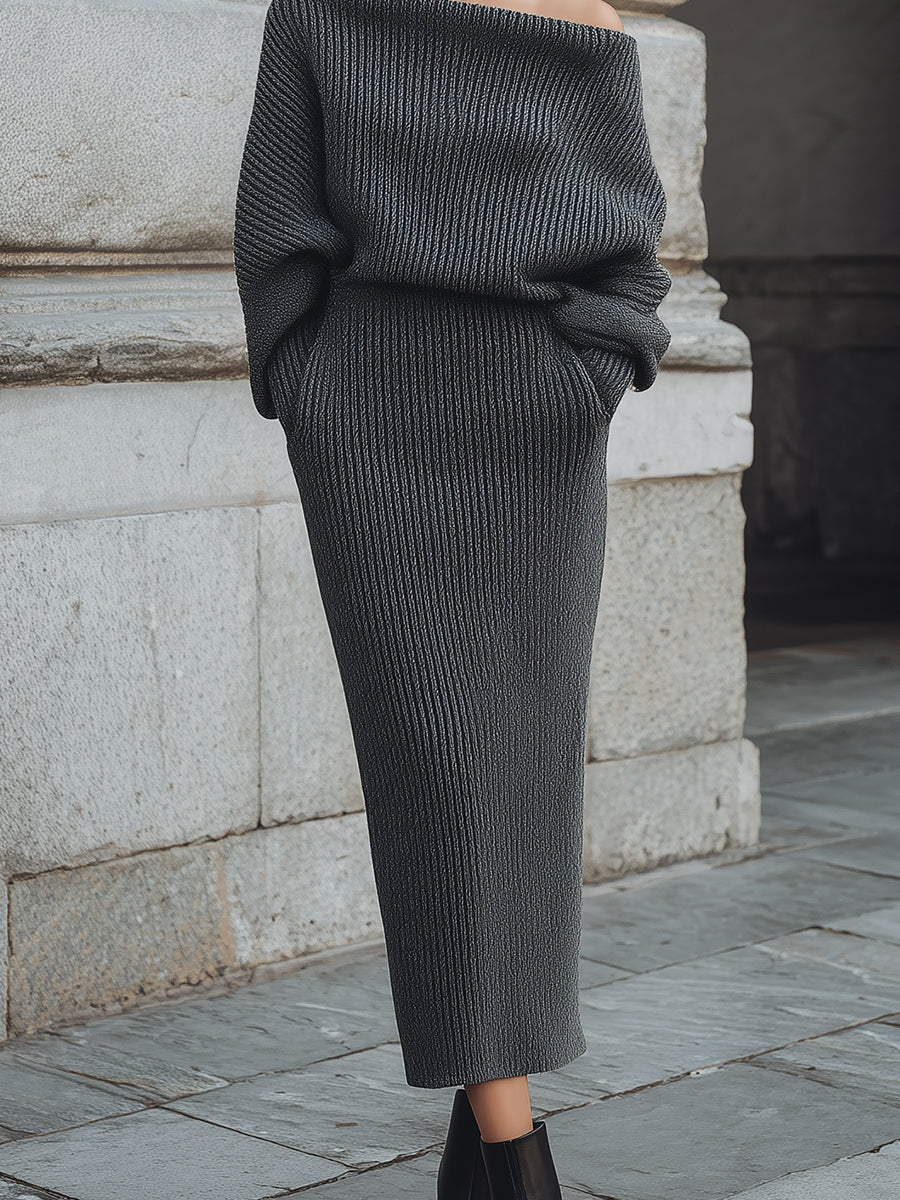 Minimalist Knitted One-shoulder Bat-sleeve Sweater & Diagonal Pocket Pencil Skirt Set