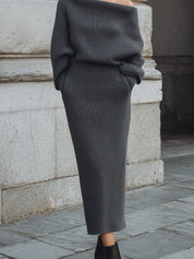 Minimalist Knitted One-shoulder Bat-sleeve Sweater & Diagonal Pocket Pencil Skirt Set