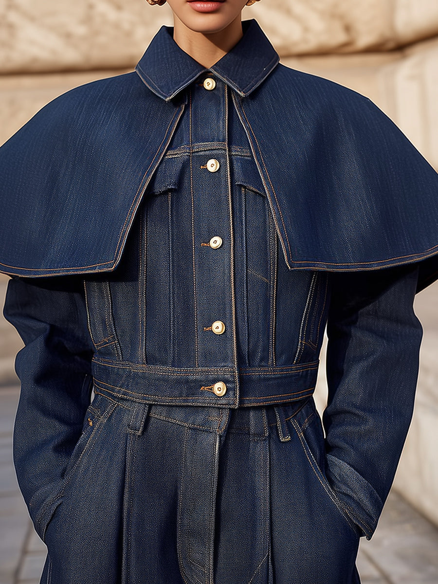 Stylish Removable Poncho Collar Washed Denim Cropped Boxy Jacket