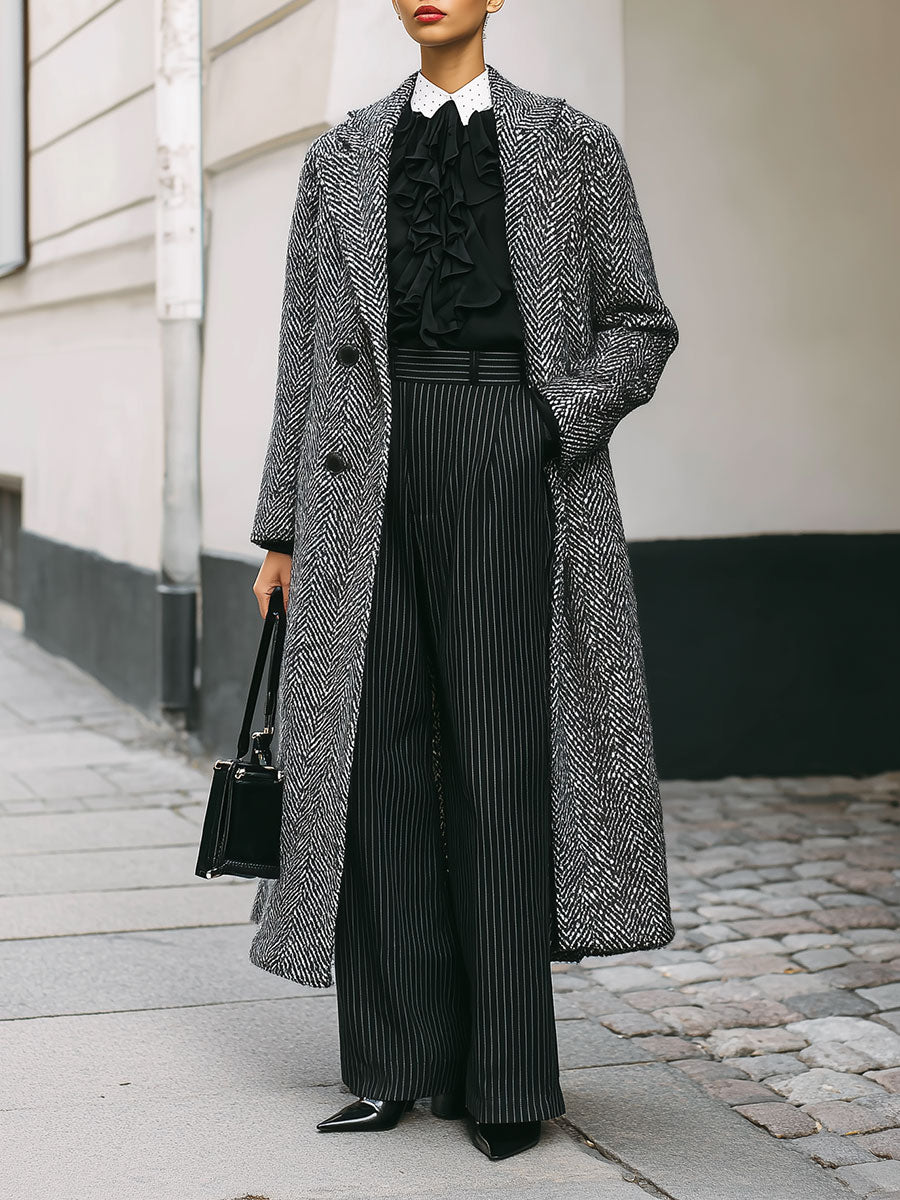 Minimalist Dropped Shoulder Tweed Lapel Mid-length Coat