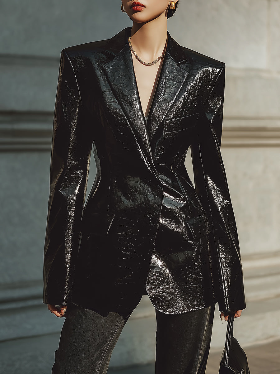 Androgynous Chic Patent Environmentally Friendly Leather One-button Slim Fit Blazer