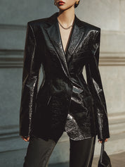 Androgynous Chic Patent Environmentally Friendly Leather One-button Slim Fit Blazer