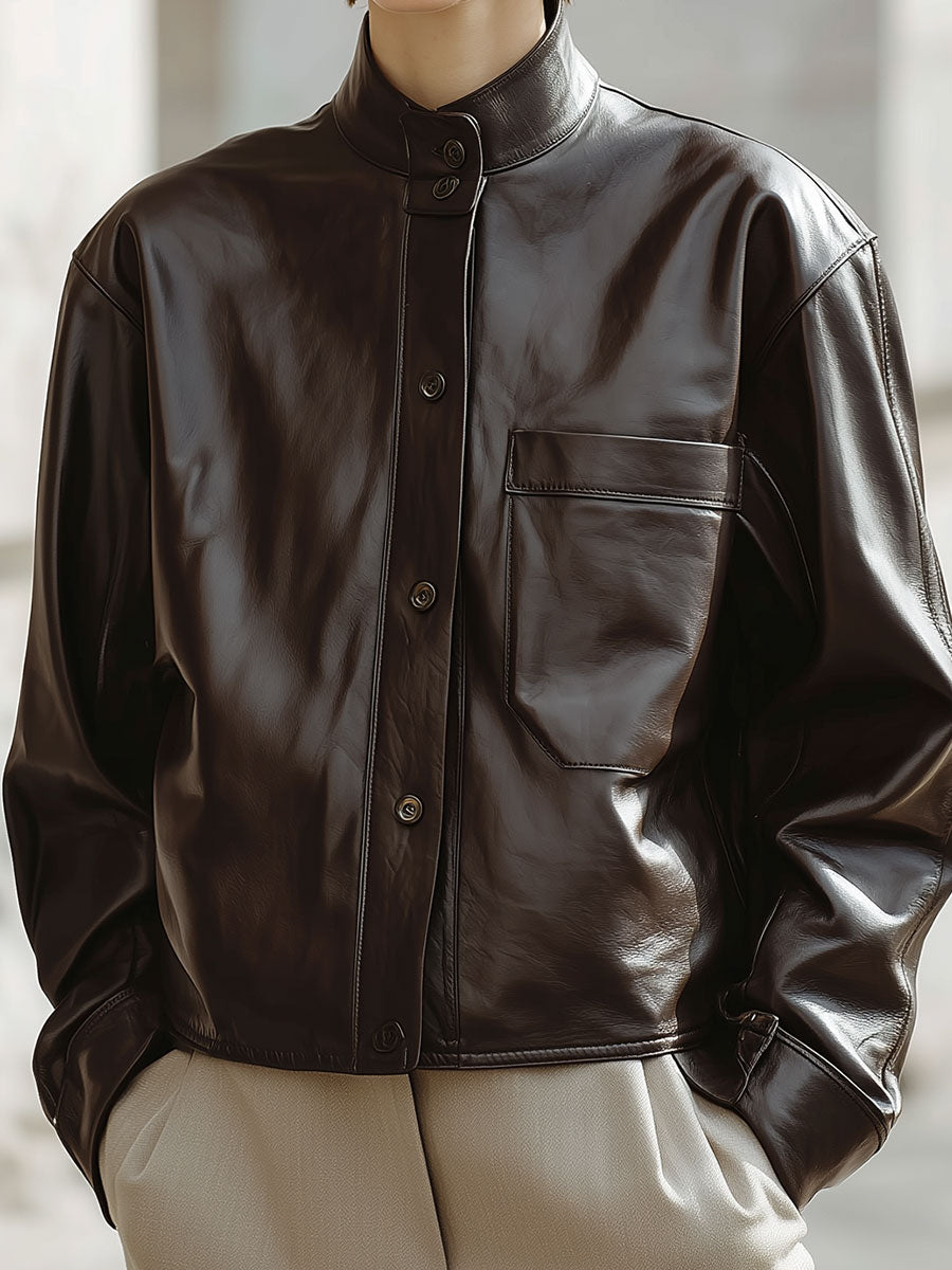 Minimalist Small Stand Collar Environmentally Friendly Leather Patch Pocket Jacket