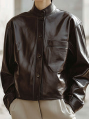 Minimalist Small Stand Collar Environmentally Friendly Leather Patch Pocket Jacket