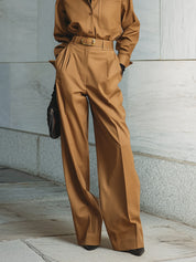 Casual Minimalist Pocketed Cotton Blouse & Pinch Pleated Straight Pants Set